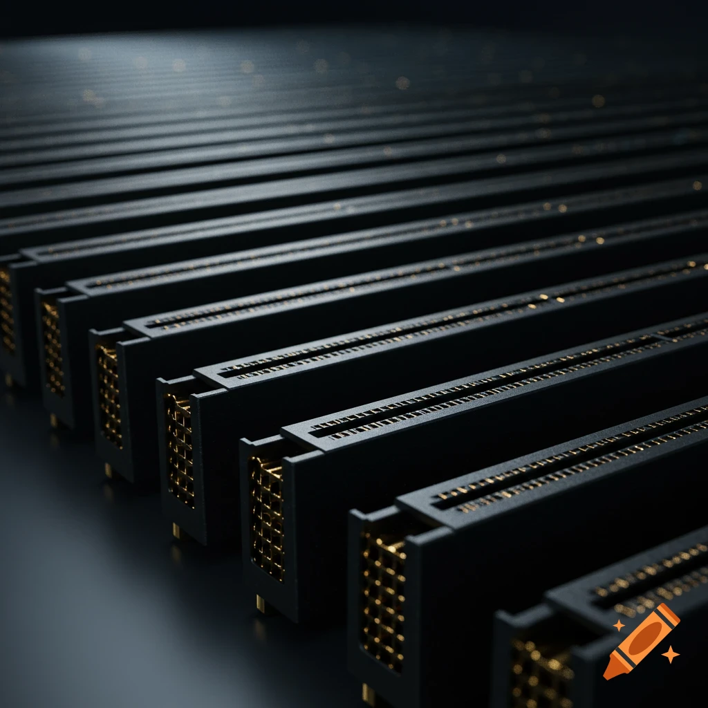 Close-up view of endless rows of black PCIe x16 slots with golden contacts on a dark background.