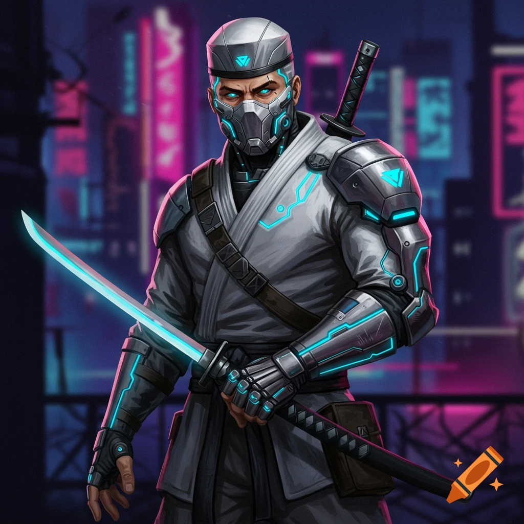 A cyber ninja in futuristic armor holds a glowing katana against a neon cyberpunk city background.