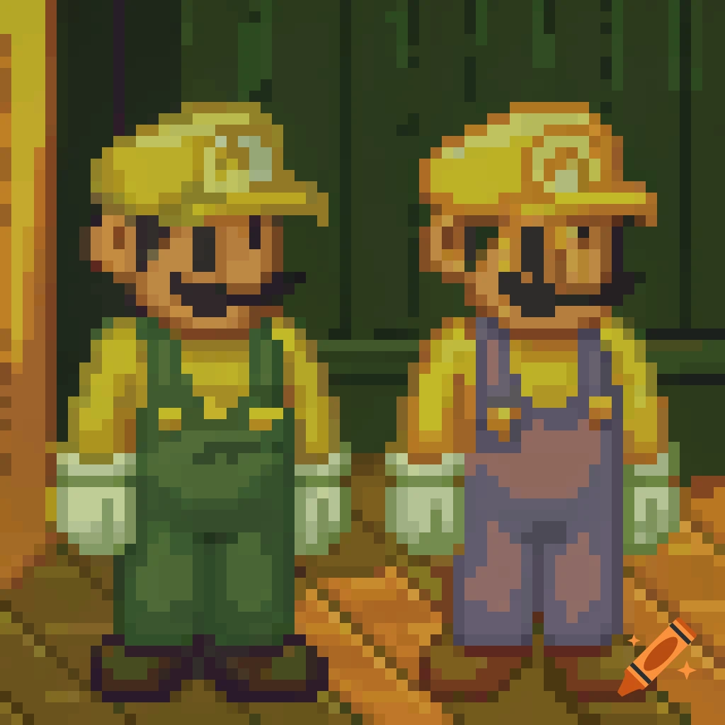 Two pixel art figures resembling Mario and Luigi in construction hats and overalls.
