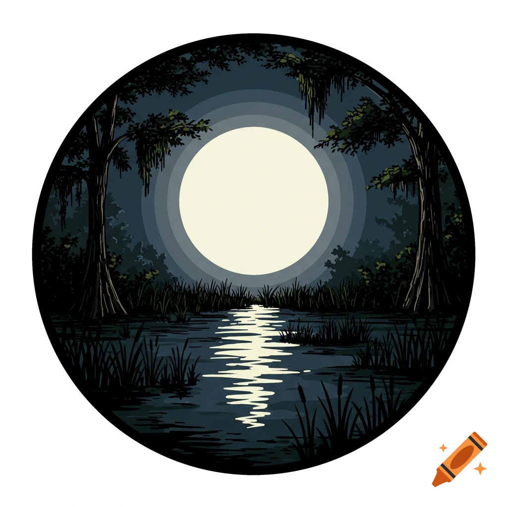Circular comic art logo of a moonlit swamp scene
