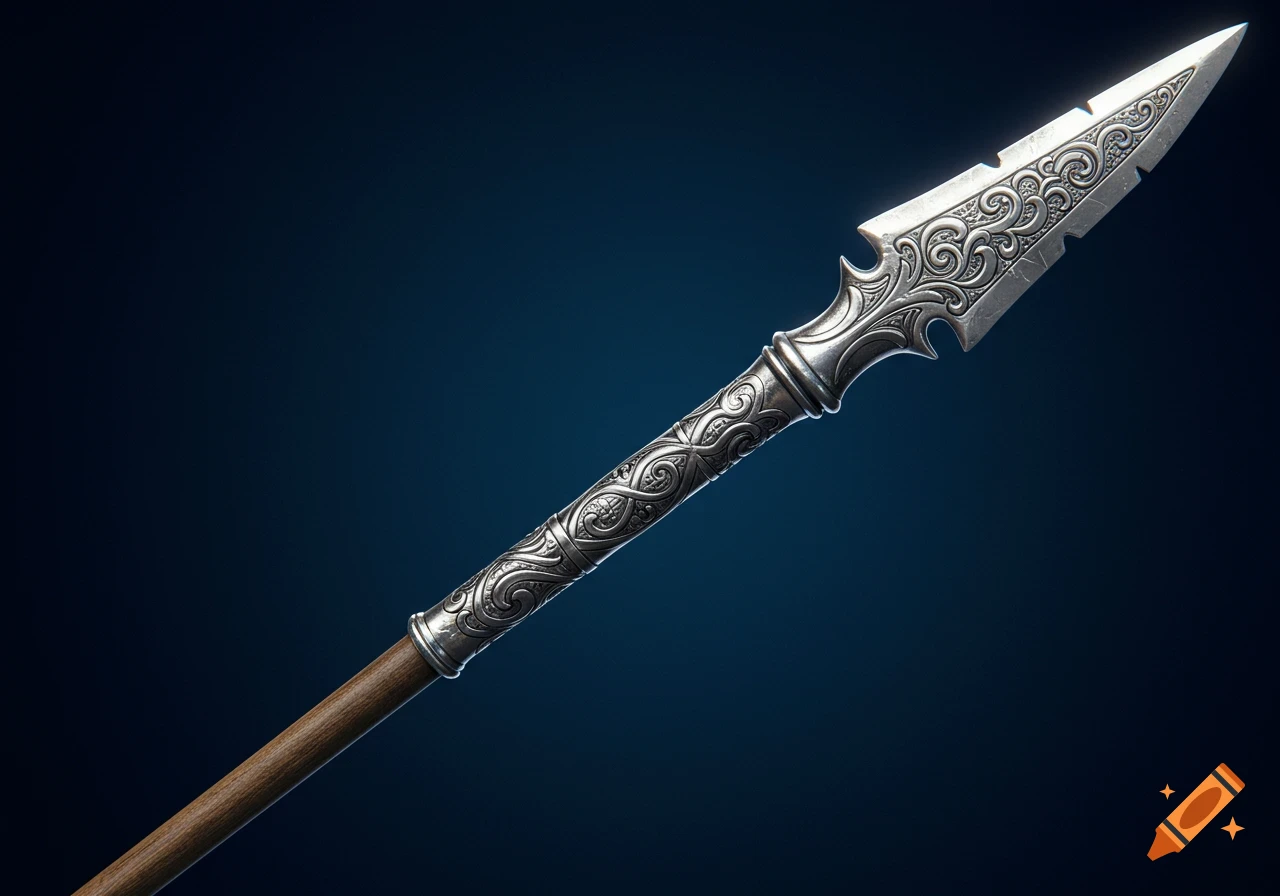 An ornate silver spear with intricate carvings against a dark background.