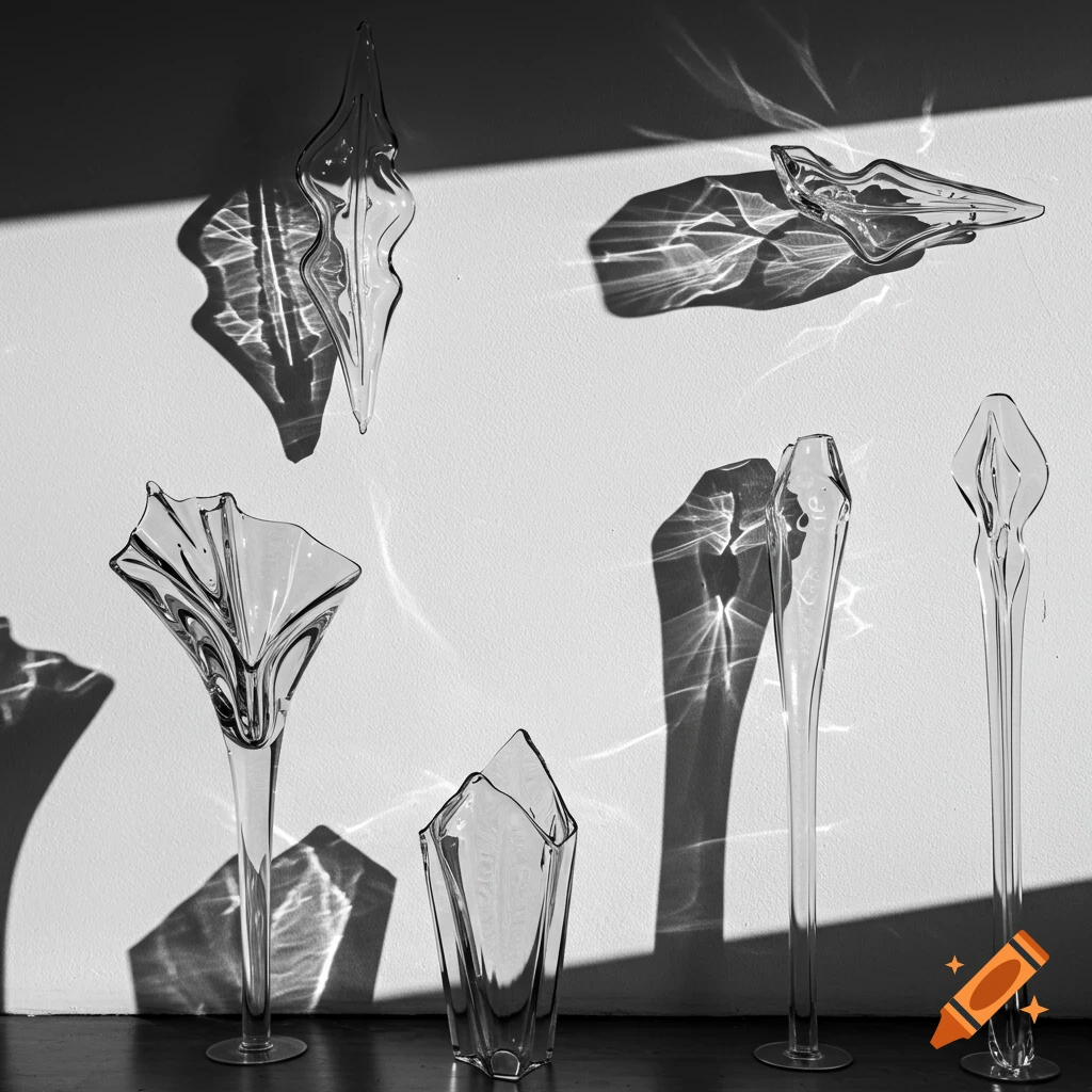 Several abstract glass sculptures cast long, dramatic shadows on a wall in black and white.