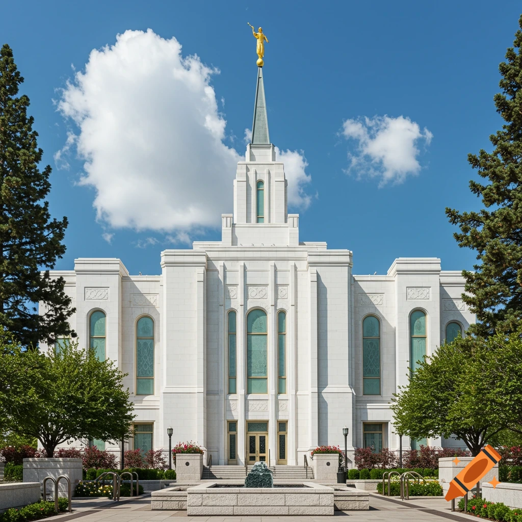 A large white temple building with a golden statue on its spire stands among trees and landscaping under a blue sky.