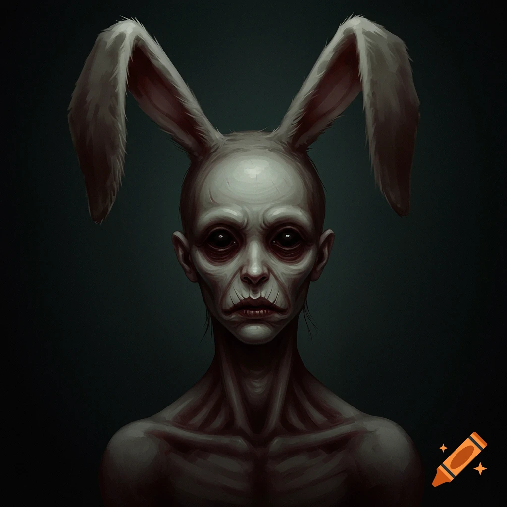 A gaunt, disturbing humanoid figure with large white bunny ears against a dark background.