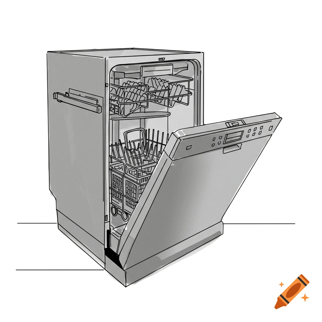 A line drawing of a dishwasher with its door open.