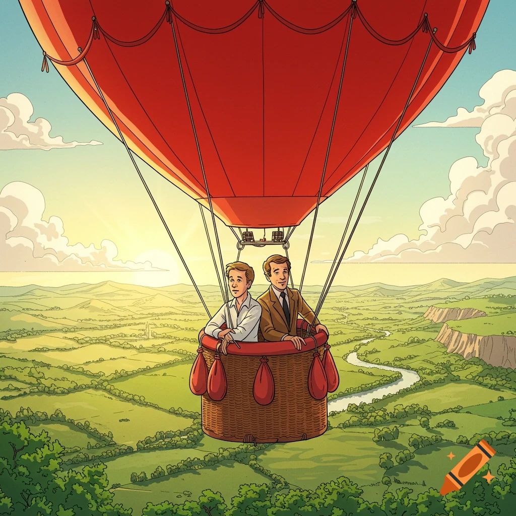 Two men ride in a red hot air balloon over a green landscape with a river and hills, illustration style.
