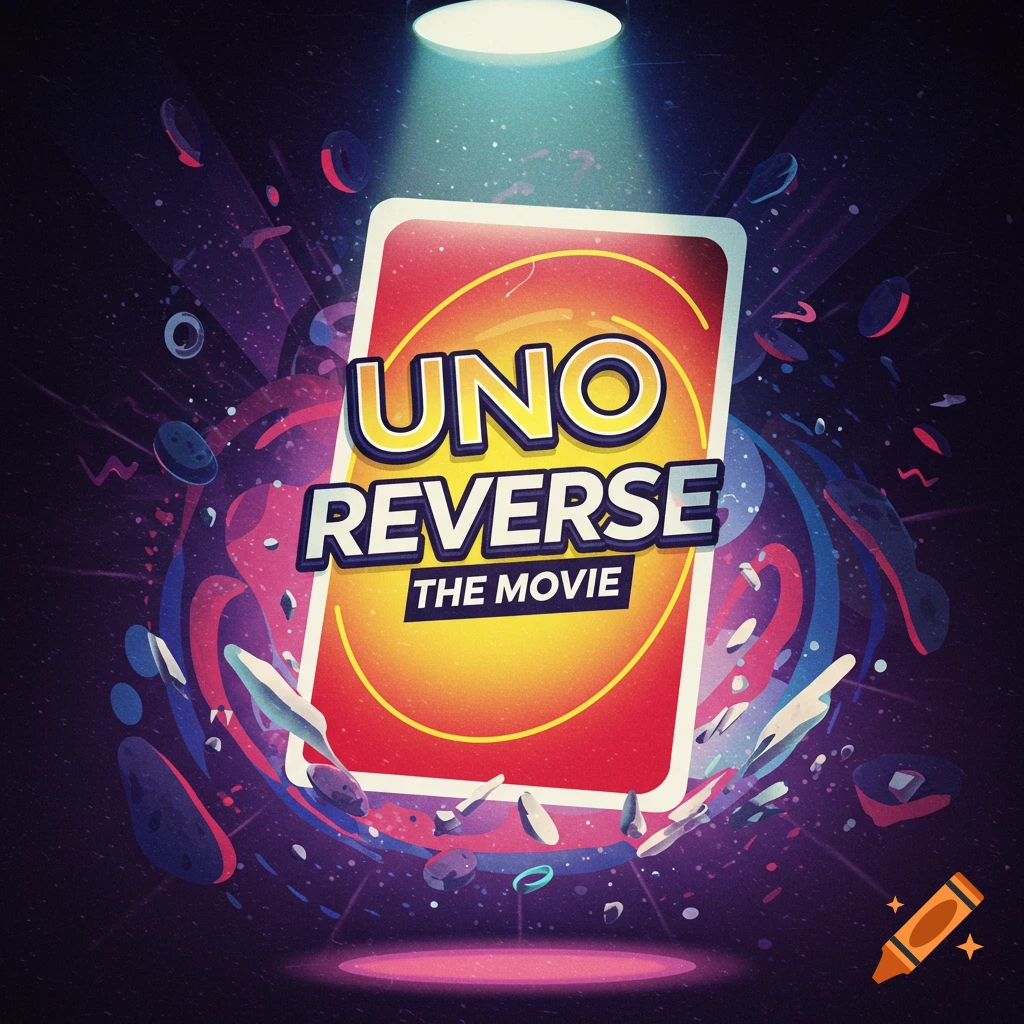 A stylized movie poster featuring a giant Uno Reverse card surrounded by cosmic elements.
