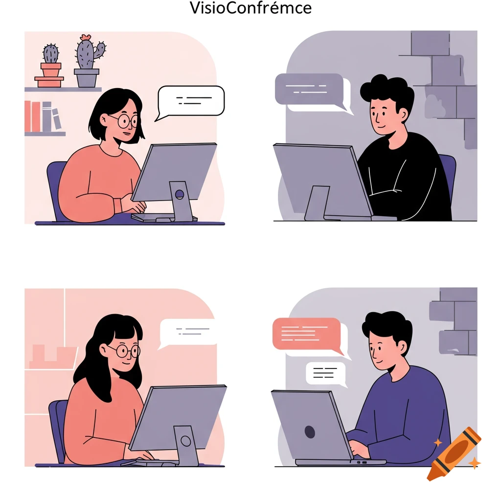Flat illustration of people using computers for video conference or chat