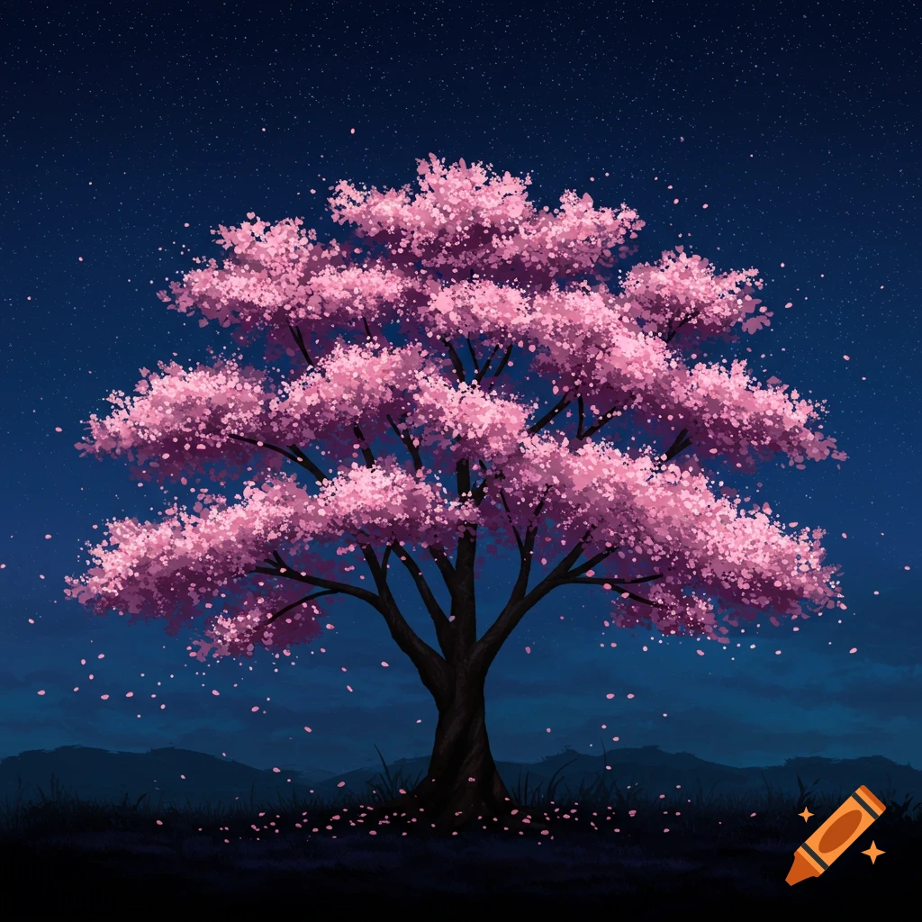 An illustration of a cherry blossom tree at night with falling petals.