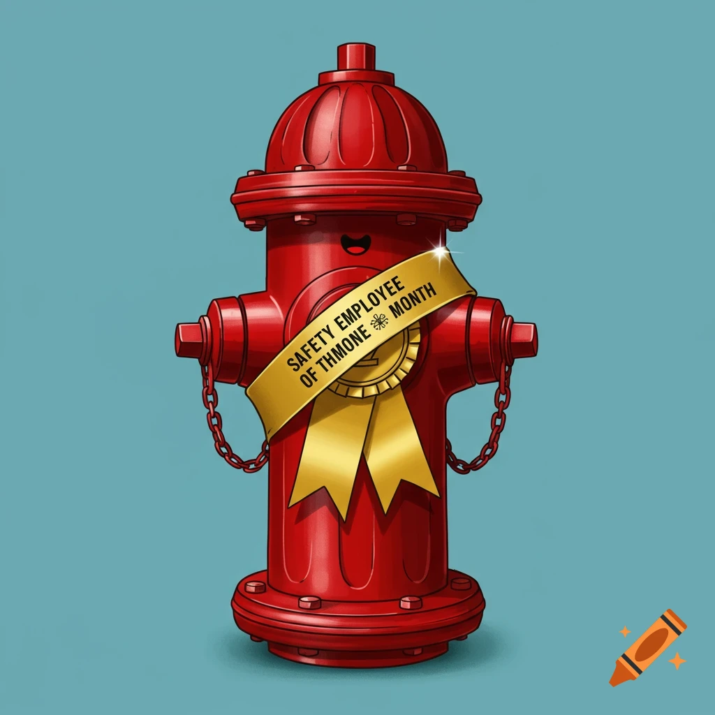 Fire hydrant with gold ribbon labeled Safety Employee of the Month