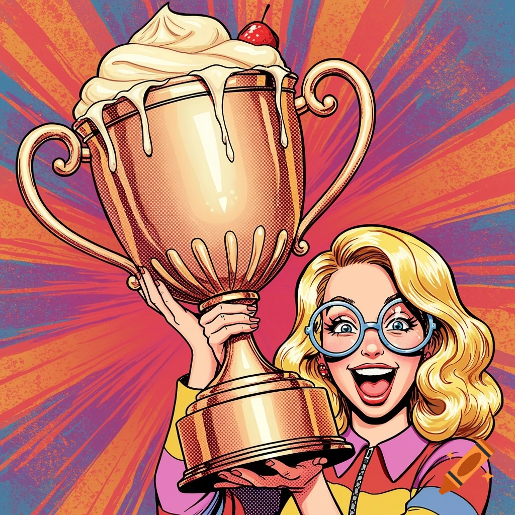 A woman in pop art style holding a large trophy topped with whipped cream and a cherry.
