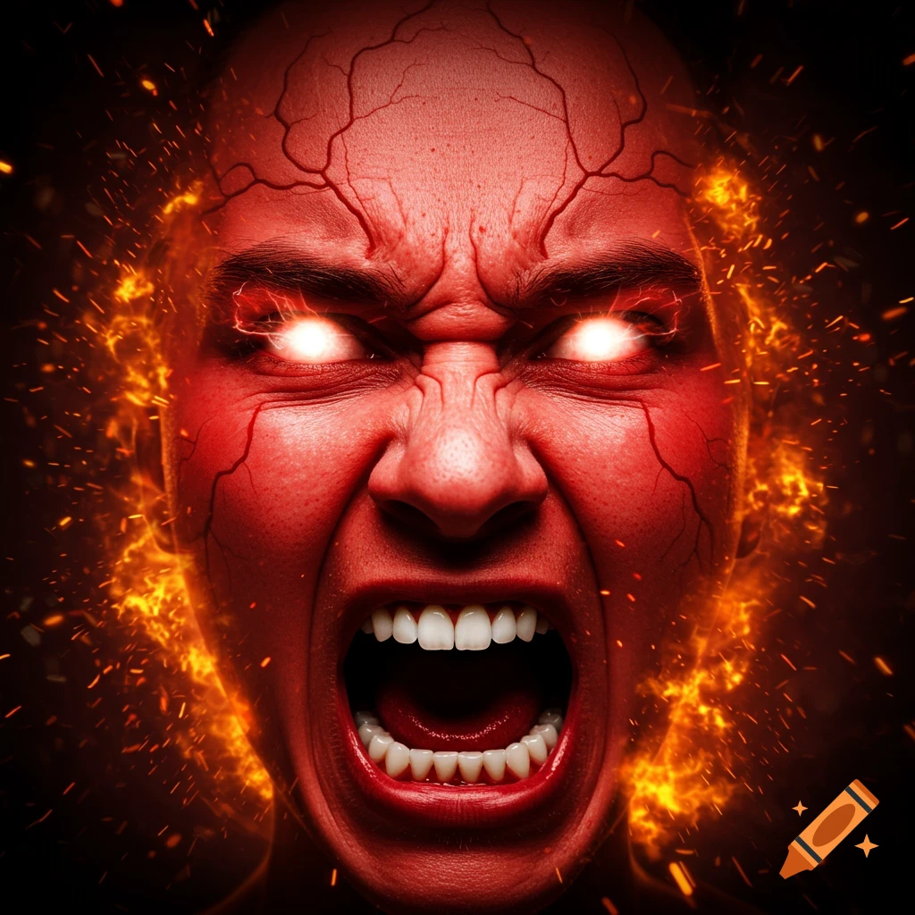 Close-up of a person's face distorted by extreme anger, with red skin, prominent veins, glowing eyes, and surrounded by fire and sparks.
