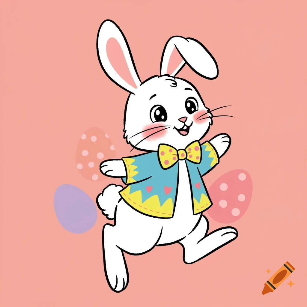 Cartoon Easter bunny hopping near Easter eggs.