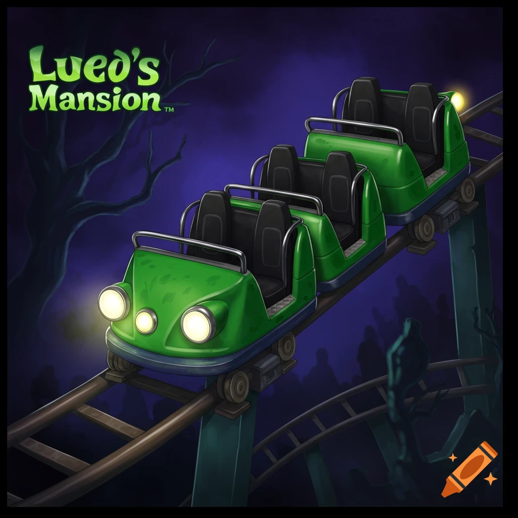 Green roller coaster car on a spooky track at night with a 'Lued's Mansion' logo above silhouetted figures.