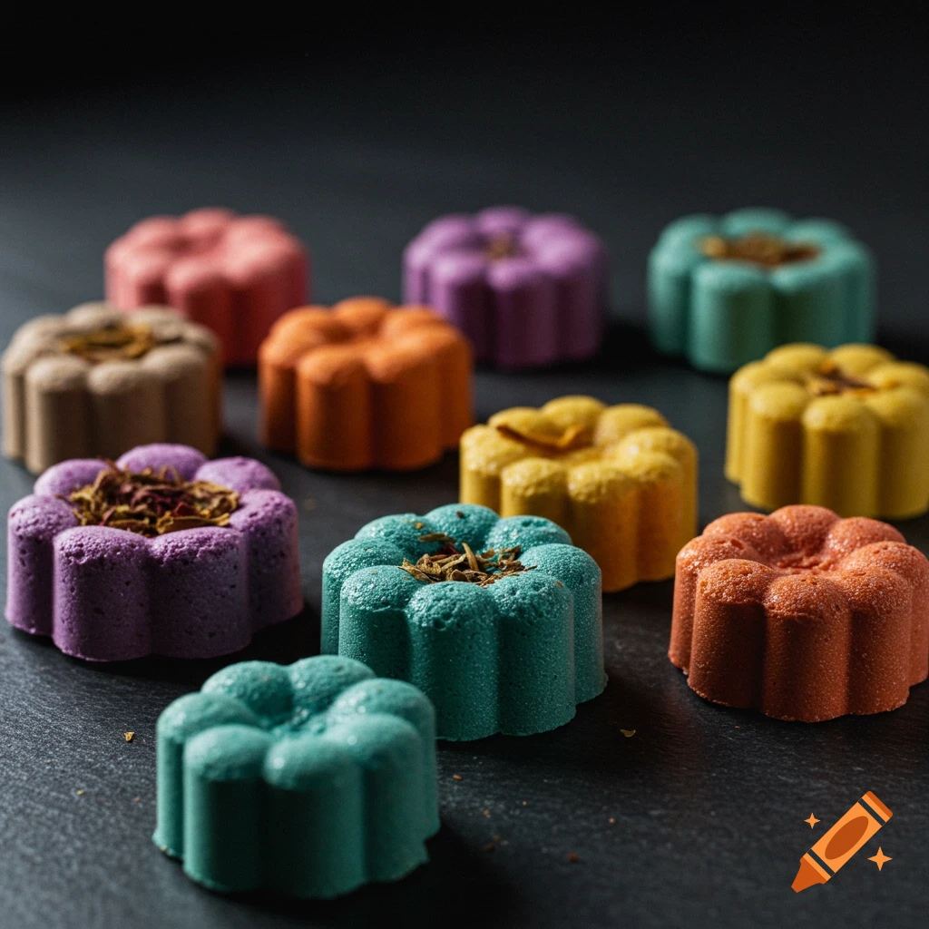 Colourful flower-shaped bath bombs on a dark surface