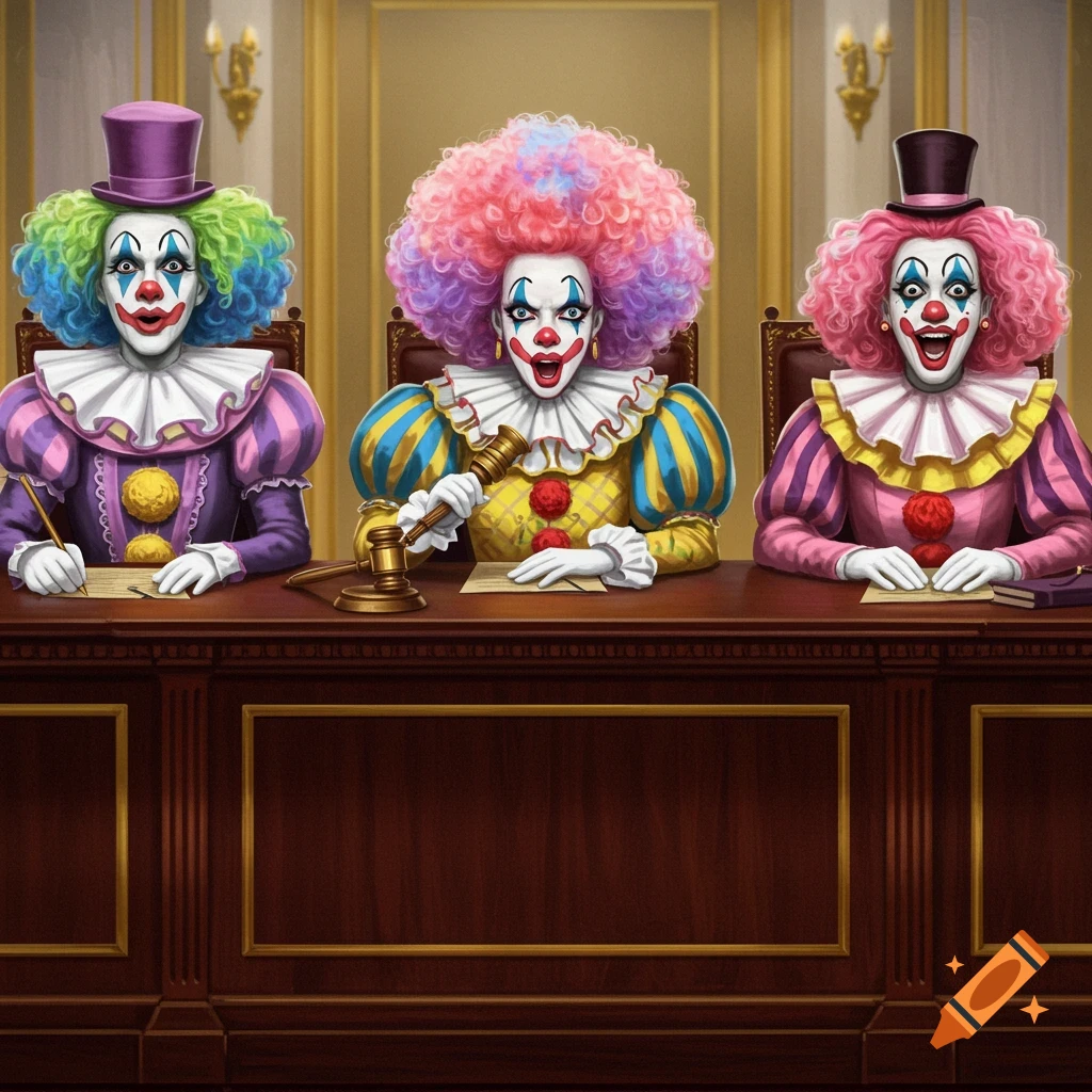Three clowns dressed as judges sit at a courtroom bench, one holding a gavel.
