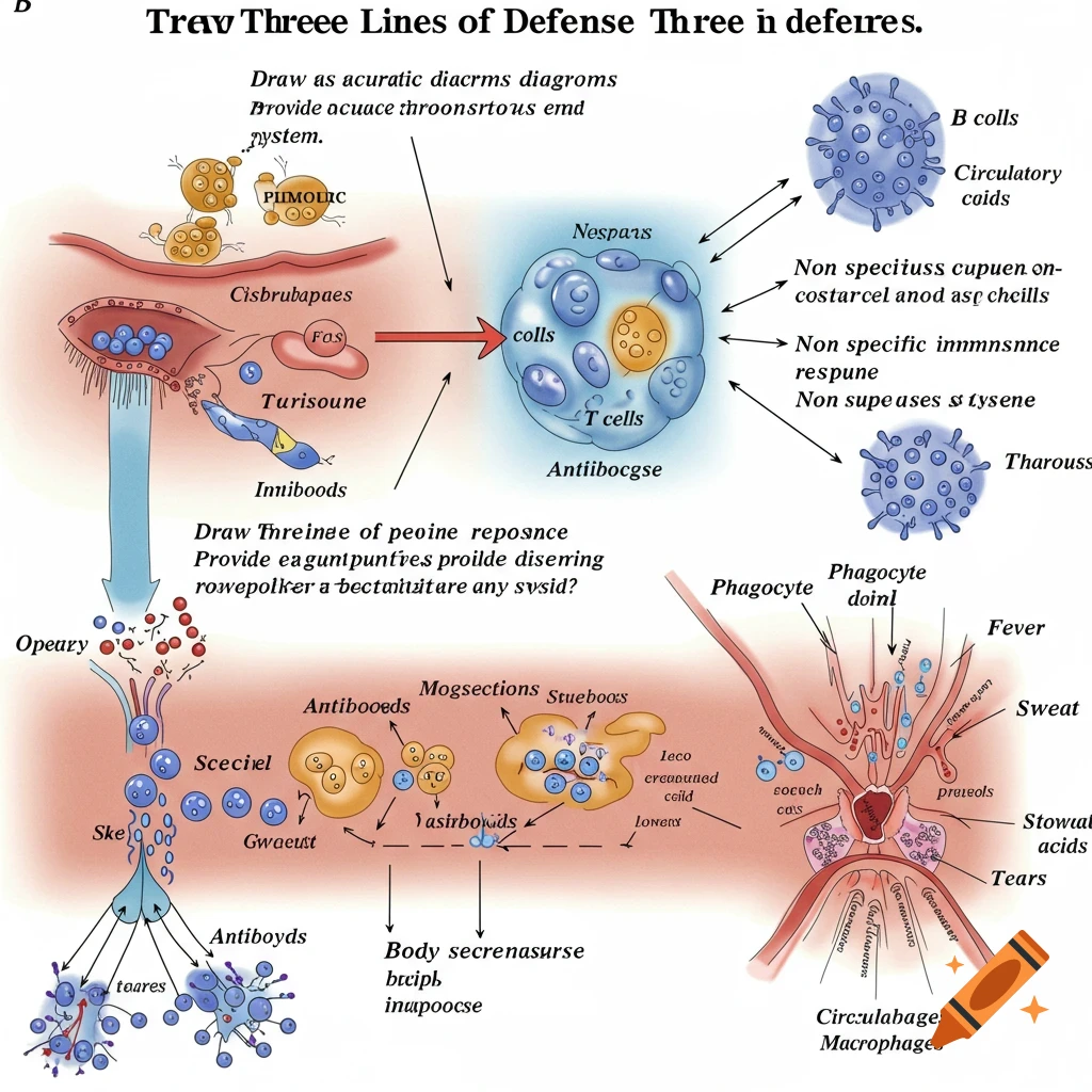 Diagram illustrating the three lines of defense, including B cells, T ...