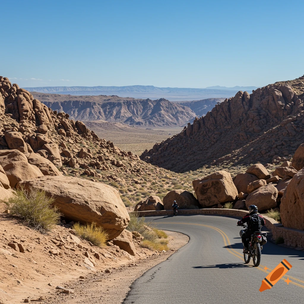 Two motorcyclists ride on a winding road through a rocky desert canyon landscape.
