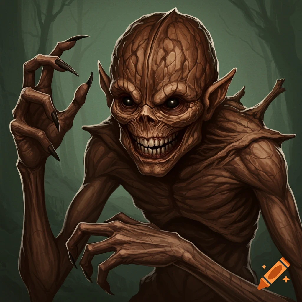 An illustration of a creepy, gaunt creature with sharp teeth and claws in a dark forest background.