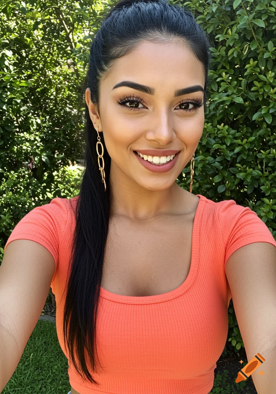 Selfie of a woman with a ponytail wearing a crop top smiling outdoors