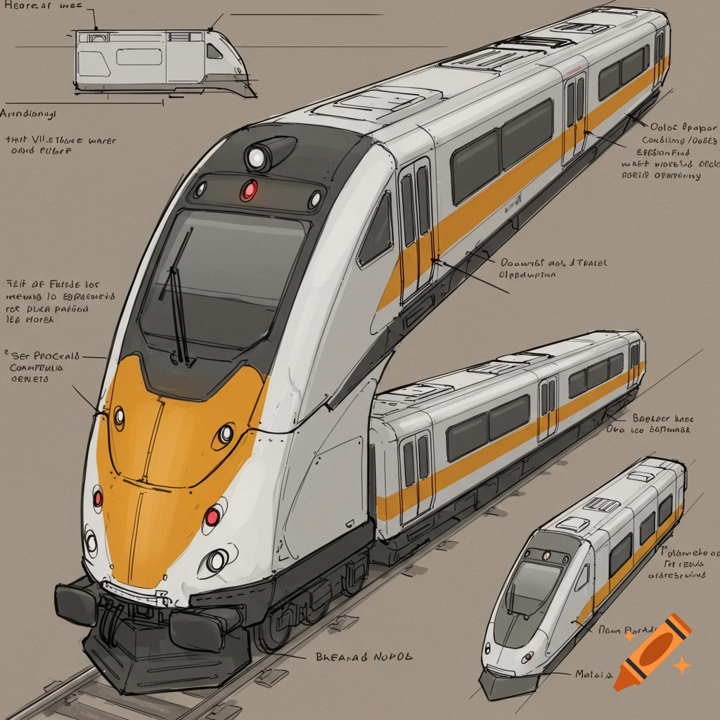 Sketch of a futuristic train design with labels