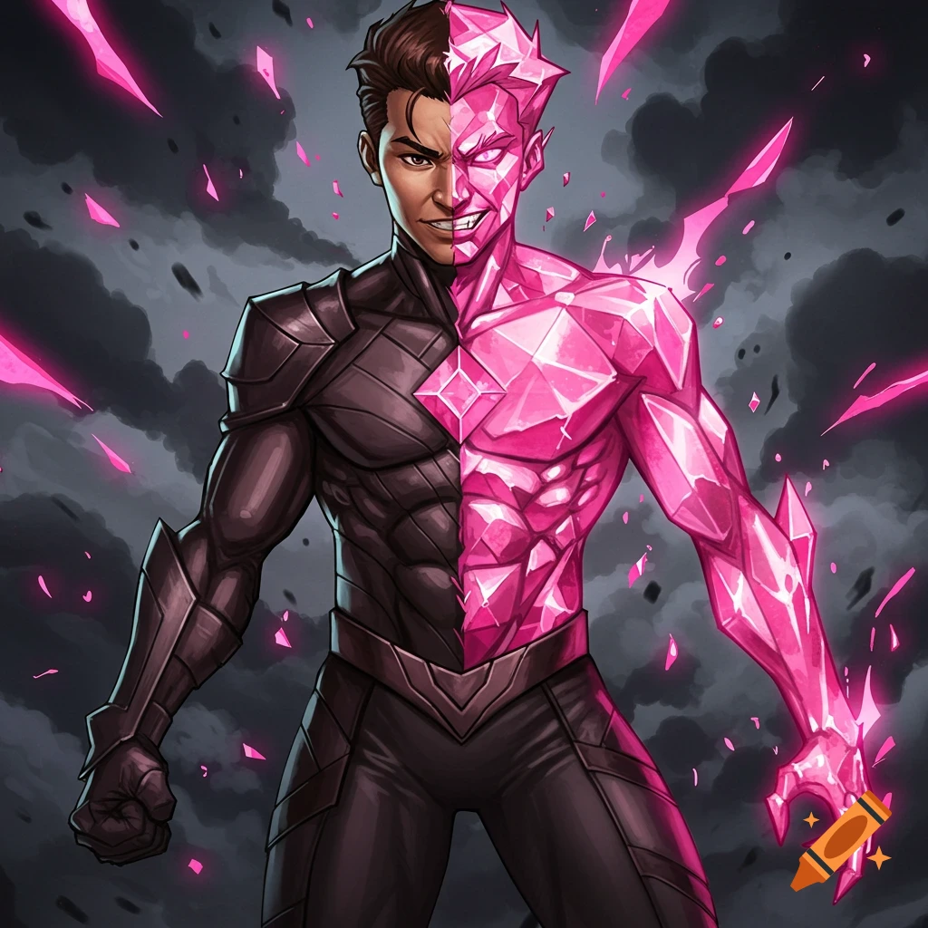 A comic book style image of a male figure split down the middle: one side human with dark armor, the other side made of glowing pink crystal.
