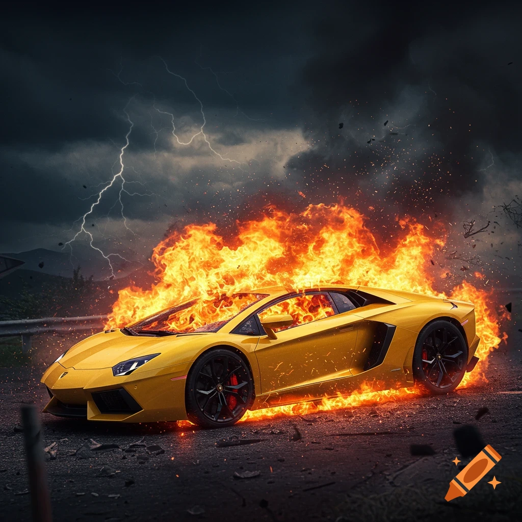 Yellow Lamborghini engulfed in flames on a road during a thunderstorm with lightning.