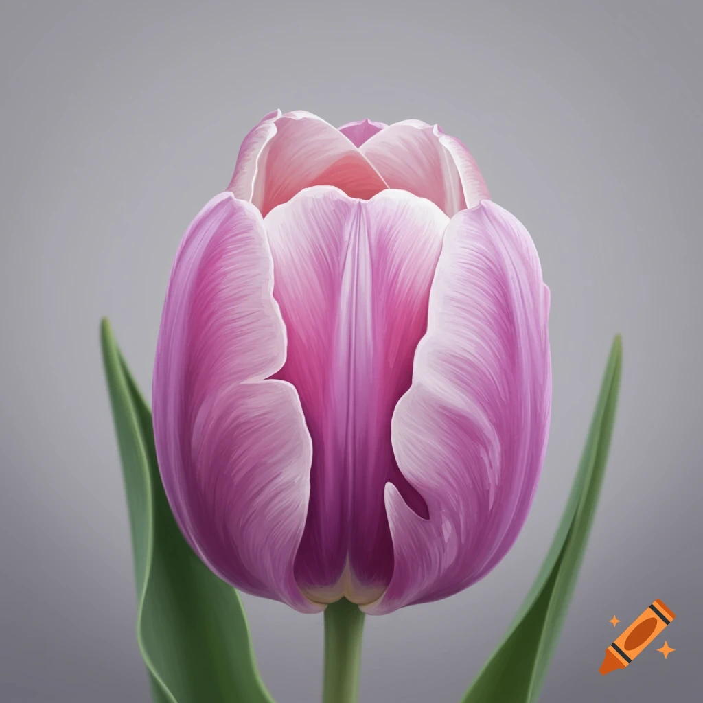 Close-up of a purple and pink tulip flower against a gray background.