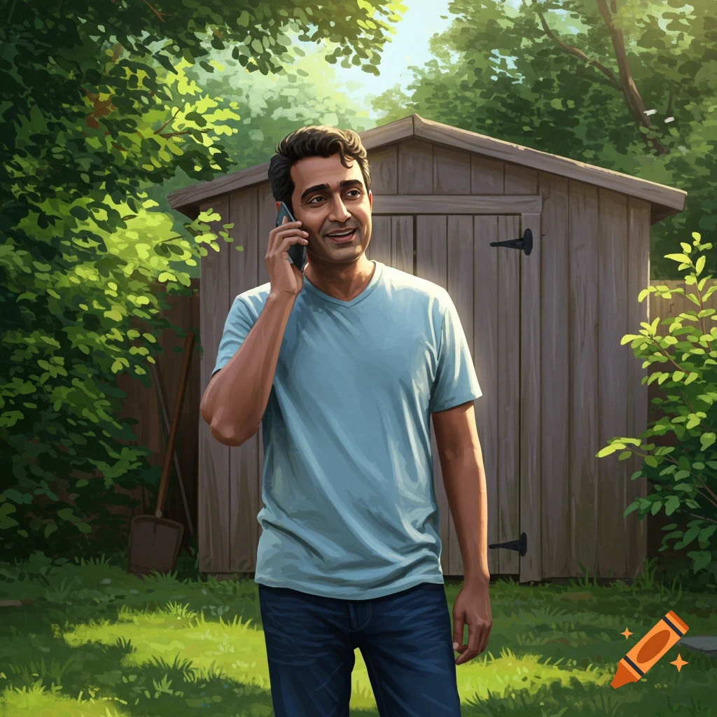 A man talks on a phone in a sunny backyard next to a shed in an illustration.