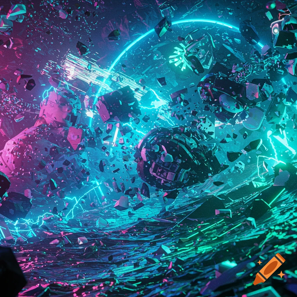 Abstract scene of fragmented shapes and glowing cyan and pink lights.