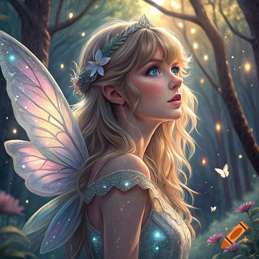 A blonde fairy with large iridescent wings sits in a forest.