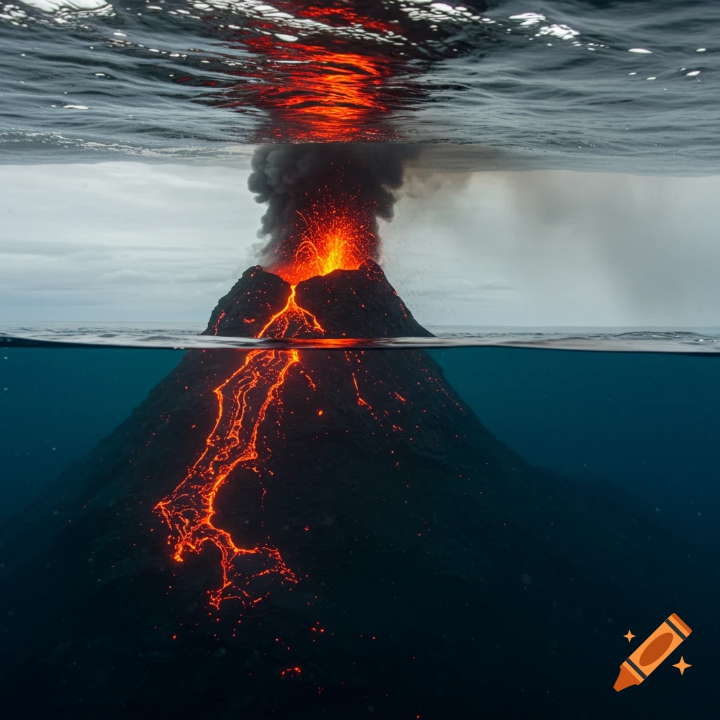 Underwater view of an erupting volcano with red lava flowing into dark water and smoke rising above the surface.