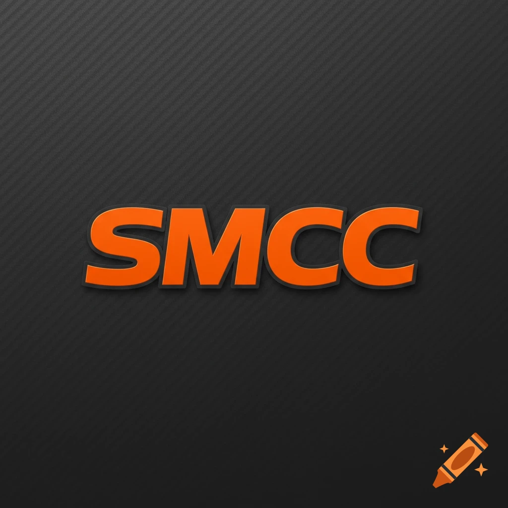 Orange letters SMCC on a dark gray carbon fiber background