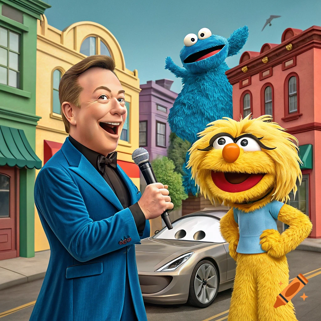 Elon Musk and Marjorie Taylor Greene as Sesame Street puppets