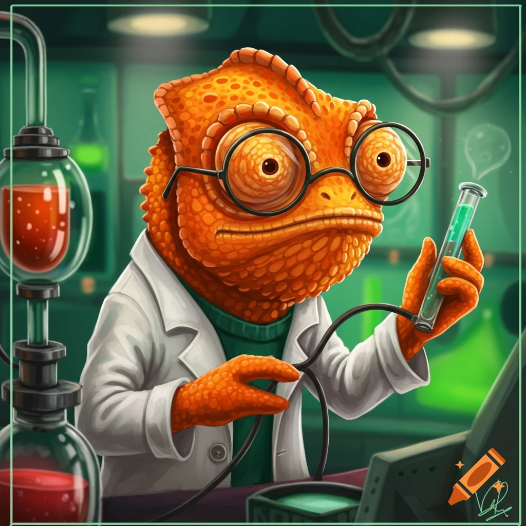 An orange chameleon wearing glasses and a lab coat holds a test tube in a laboratory.