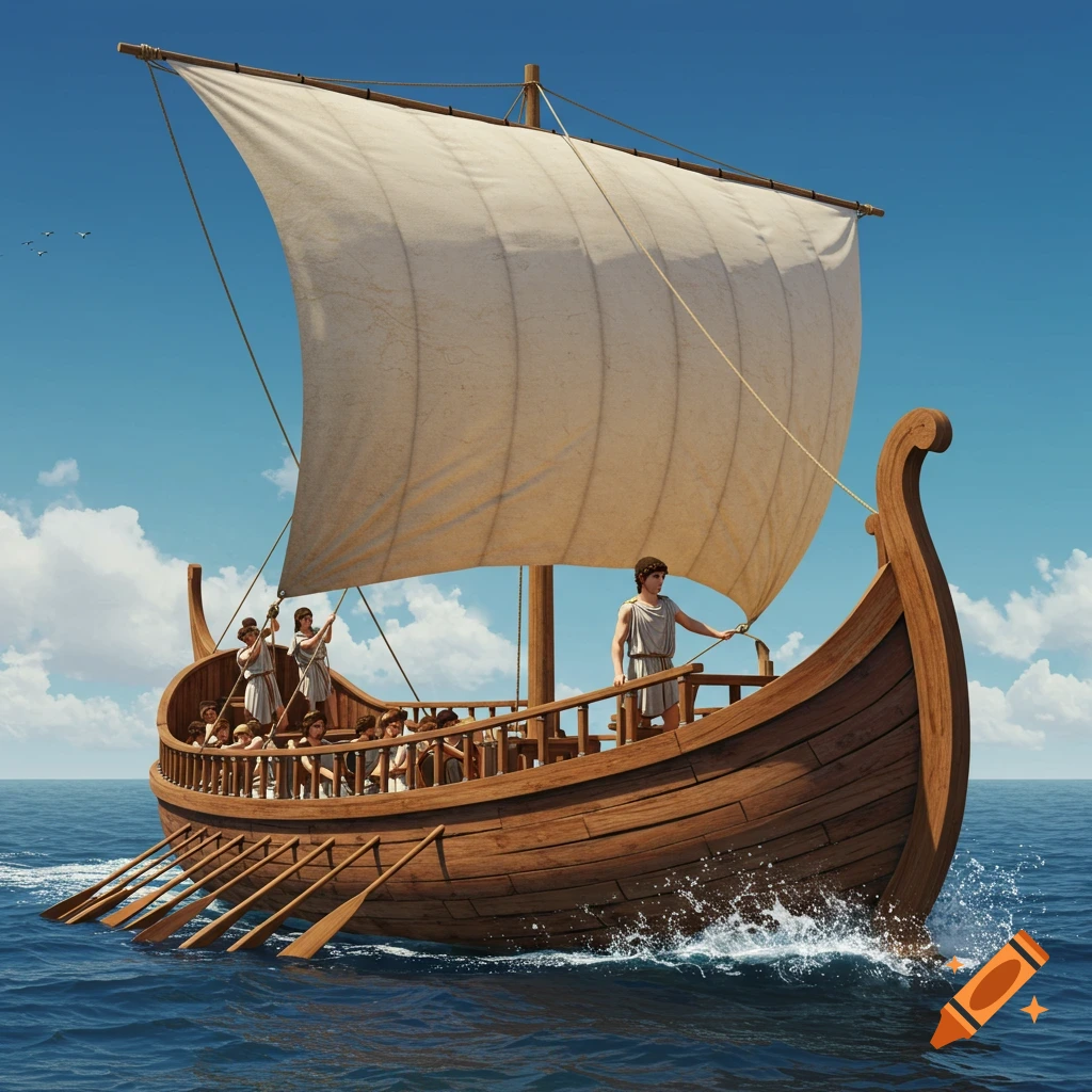 Ancient Greek ship with sail and oars carrying people on the sea under a blue sky.