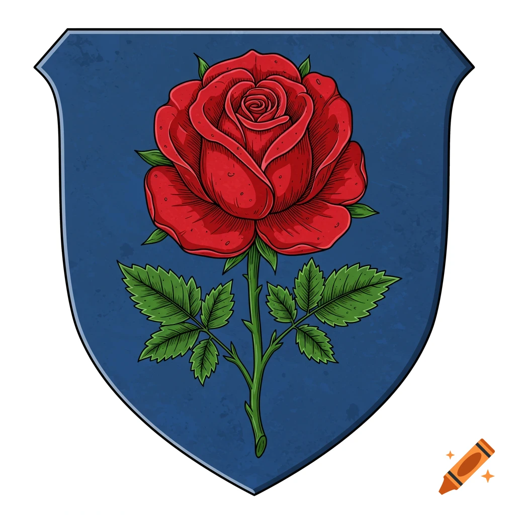 An illustration of a red rose on a blue shield coat of arms.