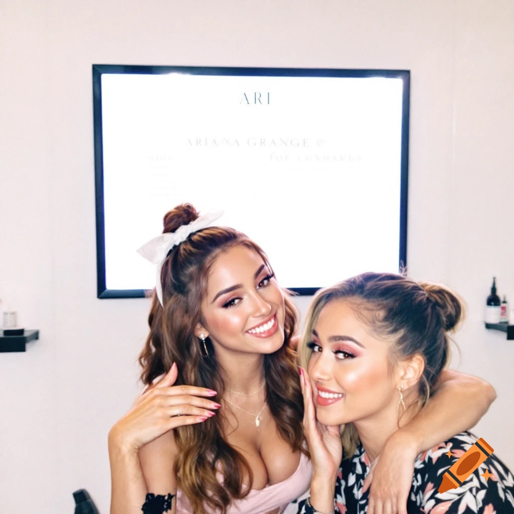 Two smiling women pose together in front of a framed sign that reads "ARI Ariana Grande"