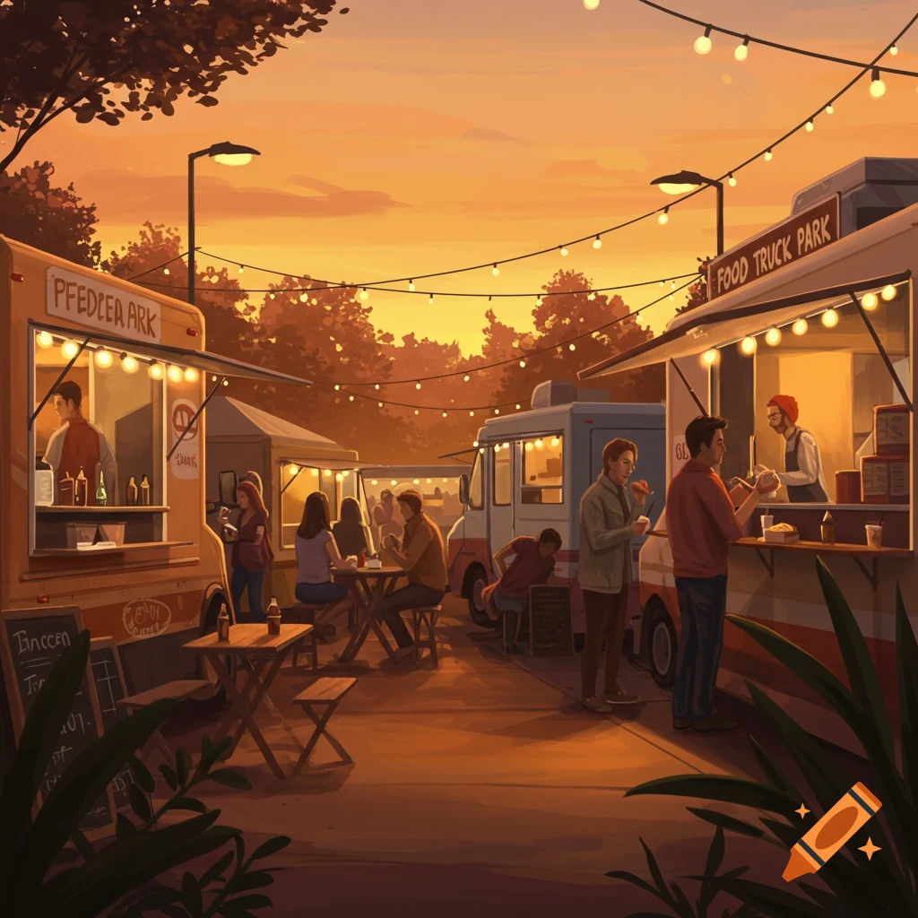 Illustration of a bustling food truck park at sunset with people eating and socializing.