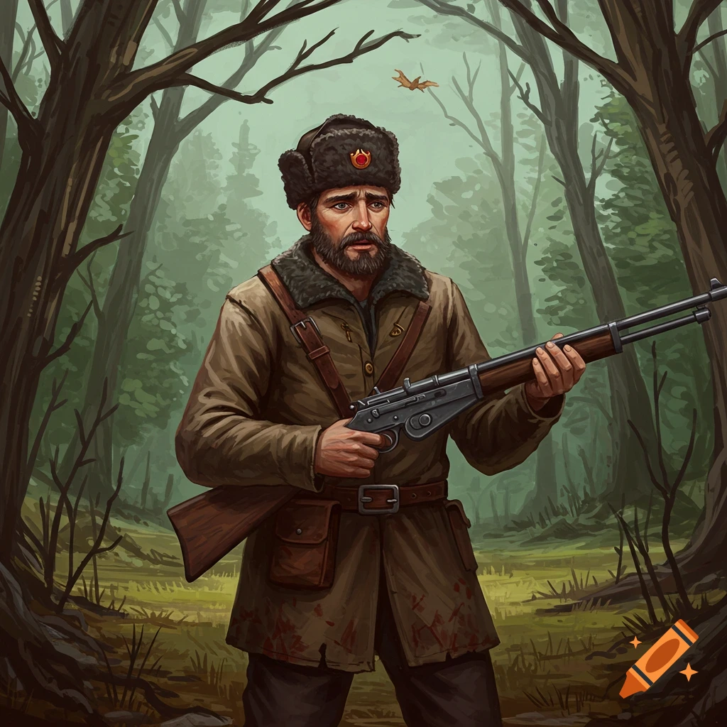 Illustration of a sad man with a rifle standing in a dense forest.