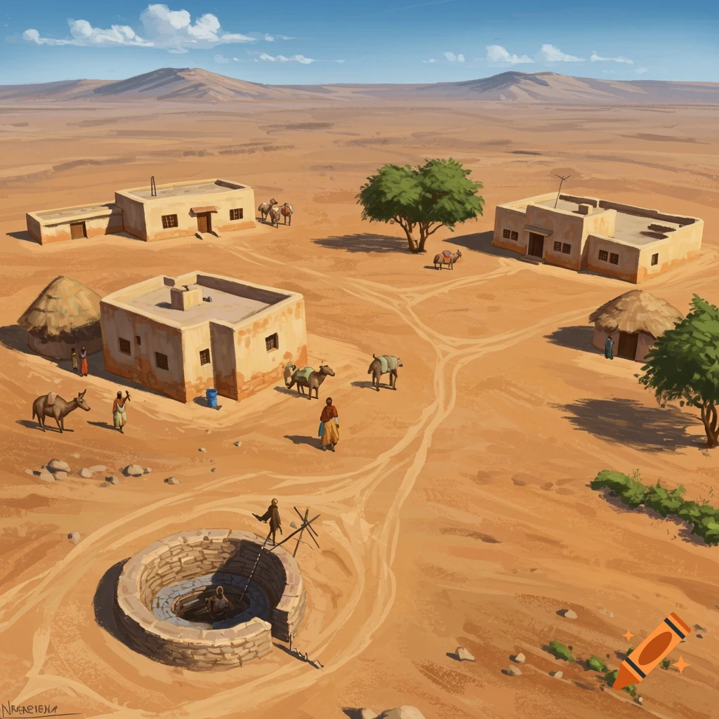 Painting of a desert village with houses, camels, people near a well, and mountains in the distance.