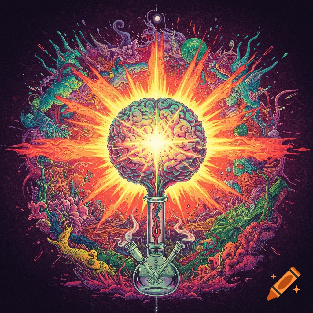 Psychedelic surreal illustration of a brain on top of a bong, surrounded by colorful, abstract, exploding shapes and creatures.