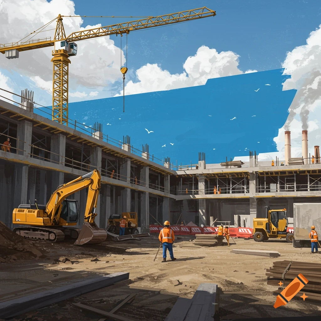 Construction site with crane, excavator, and workers.