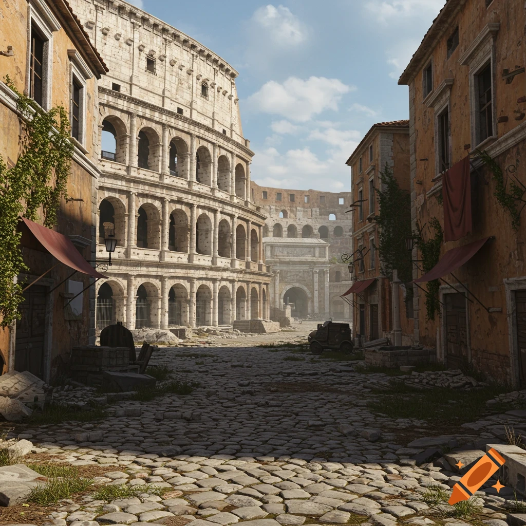 Desolate city district with a crumbling colosseum and skeletal buildings