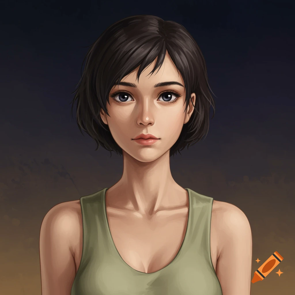 Image of a woman with short dark hair wearing a green tank top.