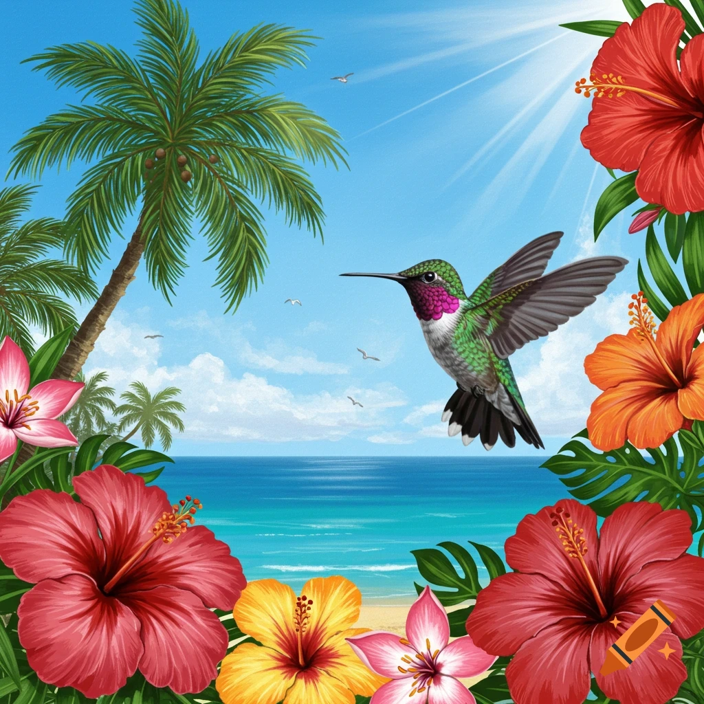 A hummingbird flies among colorful tropical hibiscus flowers with palm trees and ocean in the background.