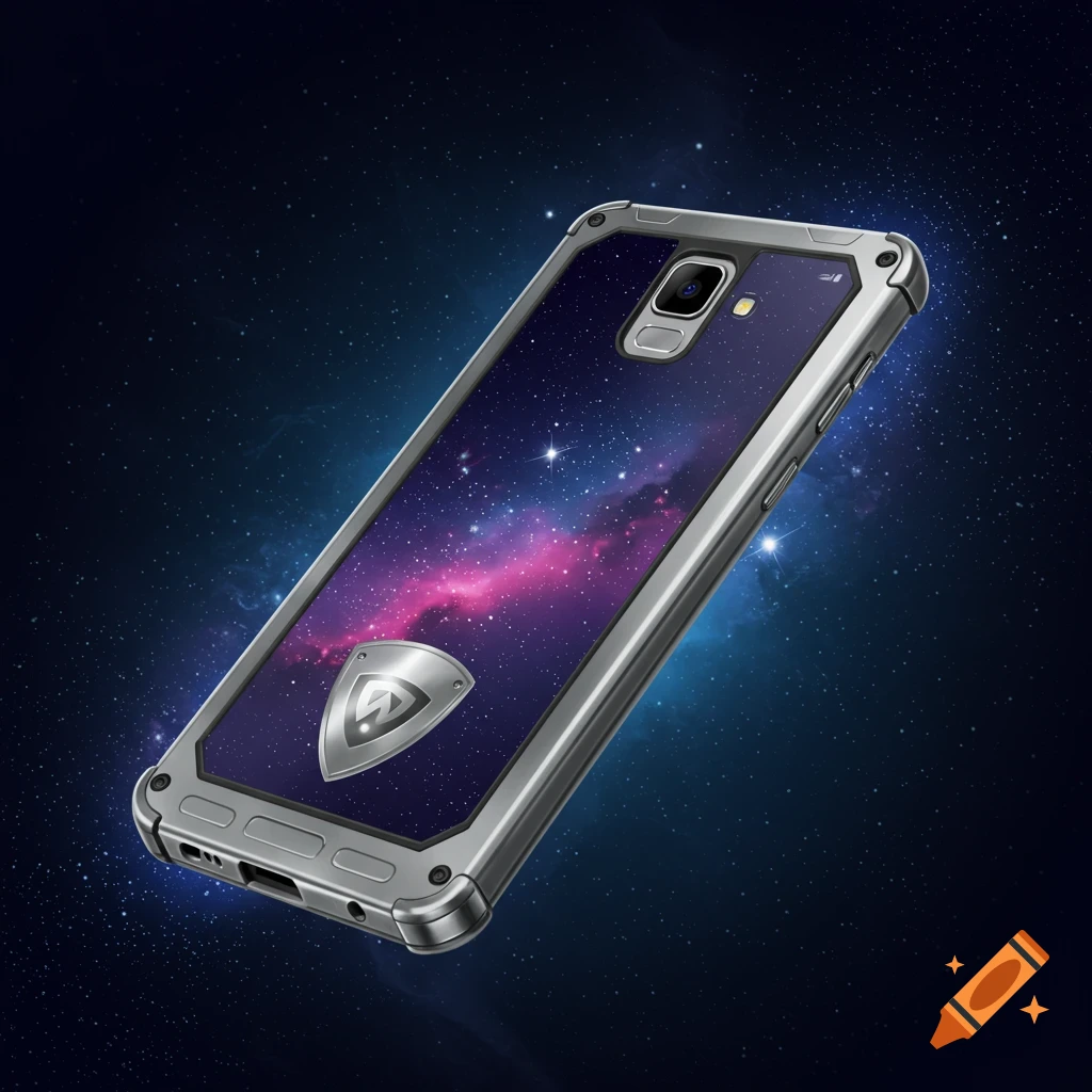 A silver phone case floats in space, displaying a colorful galaxy on its screen.