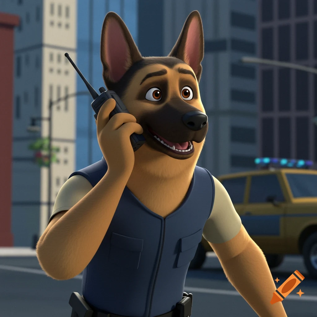 Cartoon German Shepherd police officer talking on a walkie-talkie in a city street
