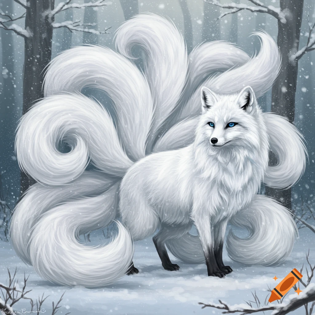 A white nine-tailed fox stands in a snowy forest.