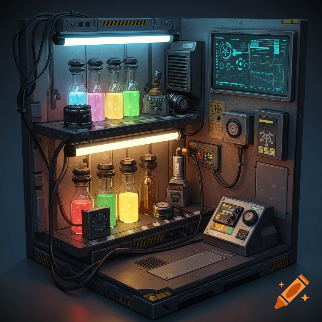 A small sci-fi laboratory setup with glowing vials on shelves, machinery, and a monitor displaying data.